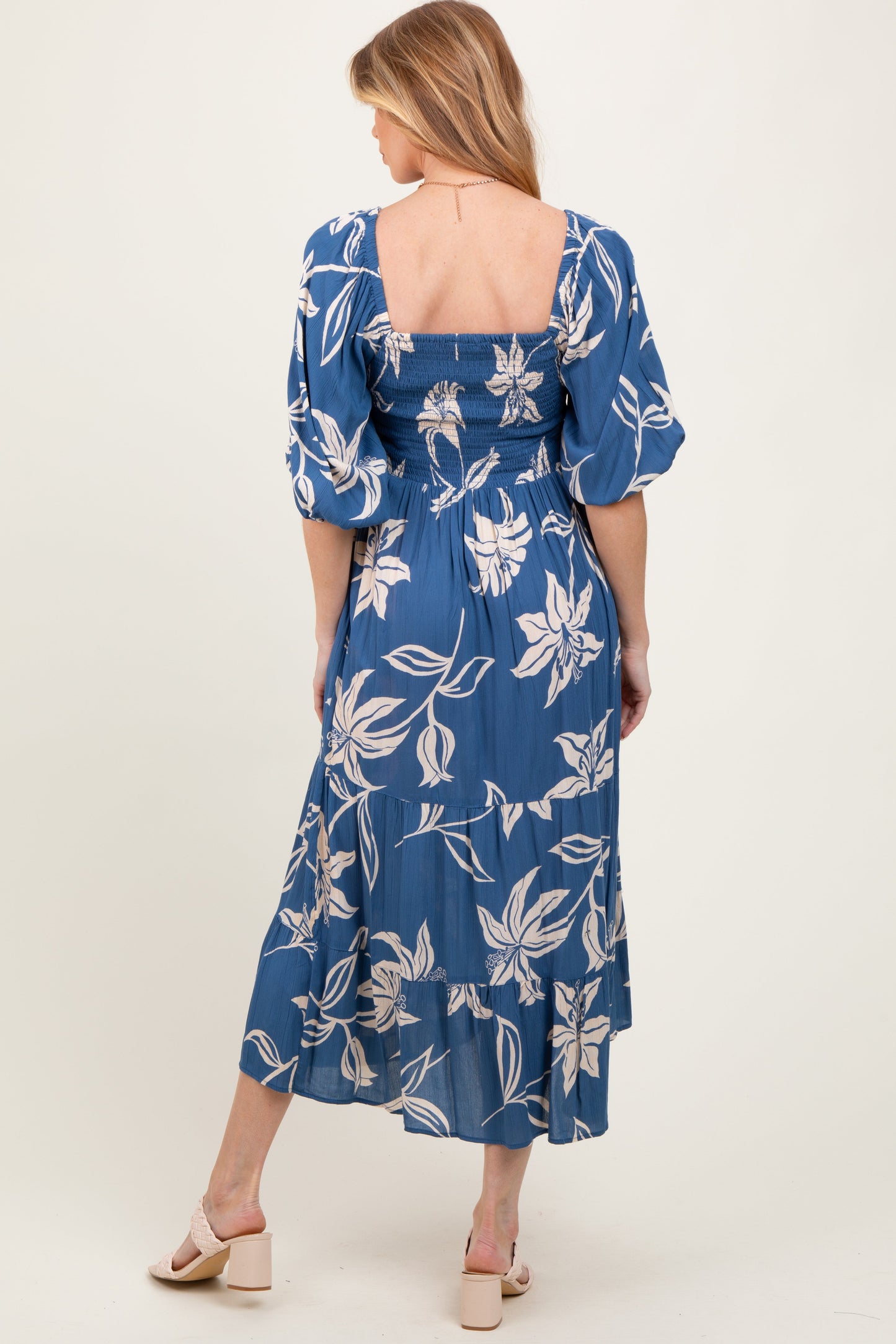 Three Little Tots Blue Smocked Puff Sleeve Maternity Midi Dress, alternate angle