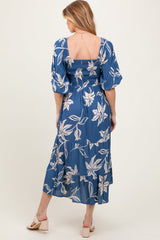 Three Little Tots Blue Smocked Puff Sleeve Maternity Midi Dress, alternate angle