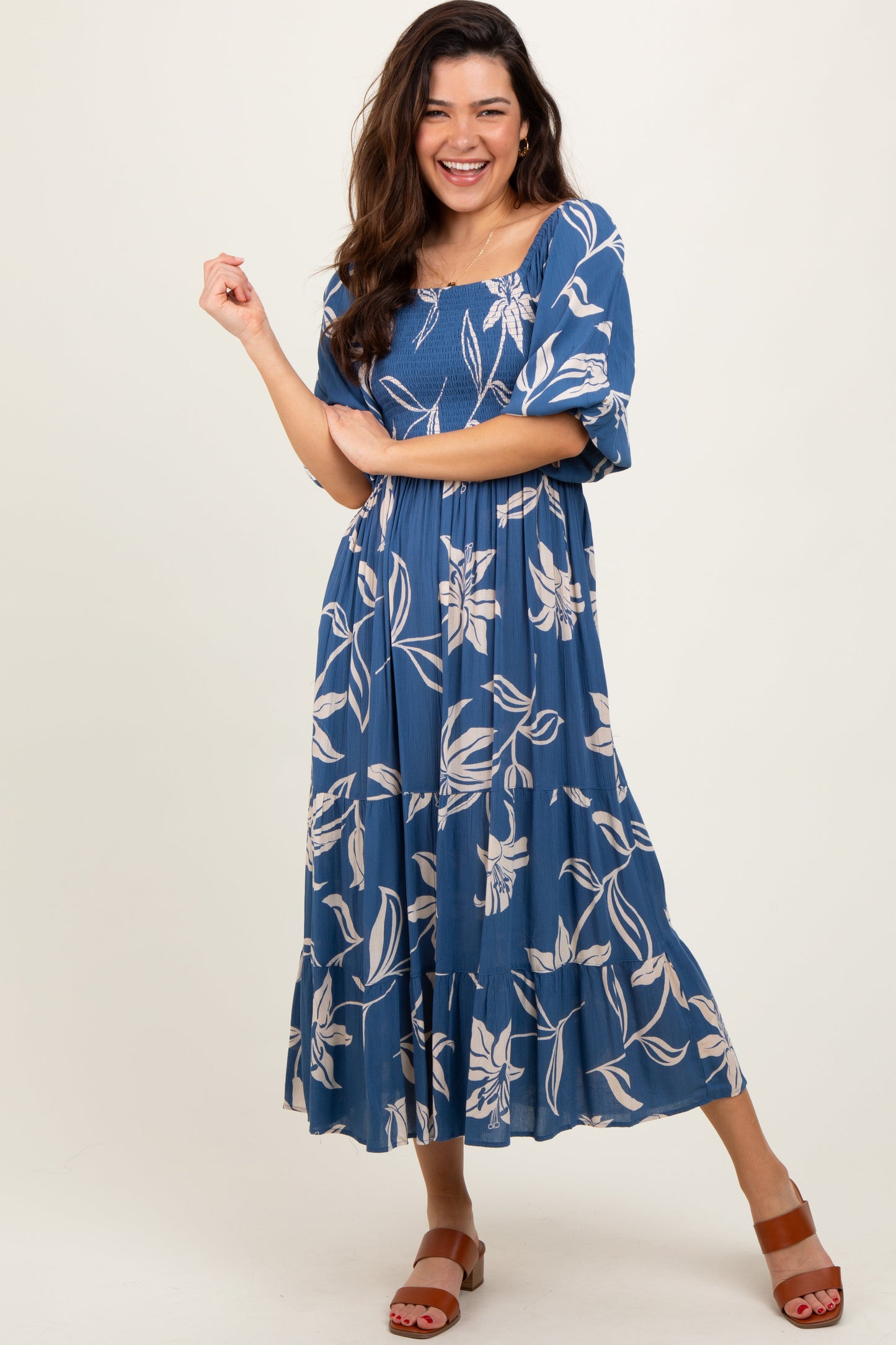 Three Little Tots Blue Smocked Puff Sleeve Maternity Midi Dress, additional view