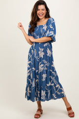 Three Little Tots Blue Smocked Puff Sleeve Maternity Midi Dress, additional view