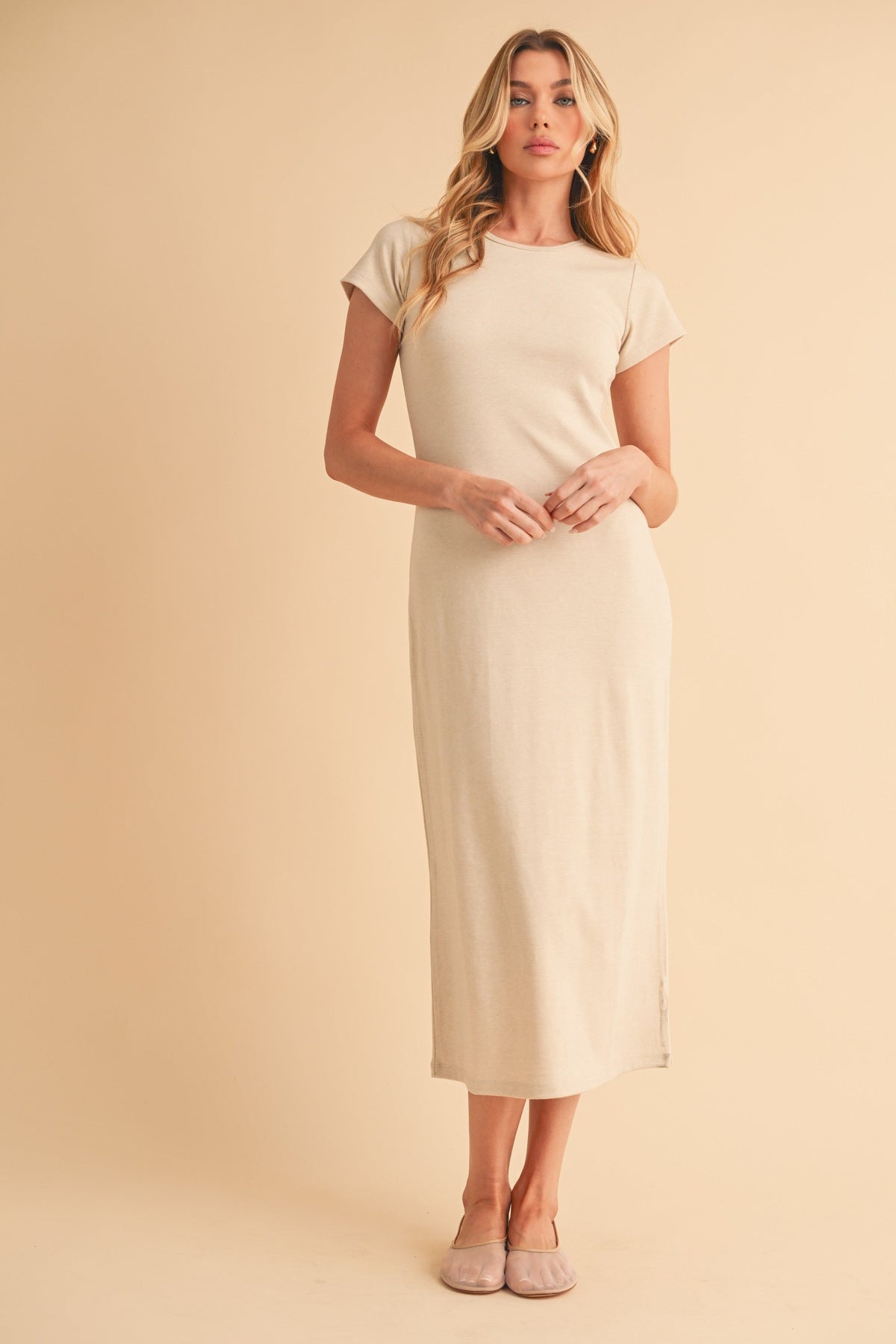 Three Little Tots Cream Basic Crewneck Maternity Midi Dress, additional view