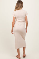 Three Little Tots Cream Basic Crewneck Maternity Midi Dress, alternate angle