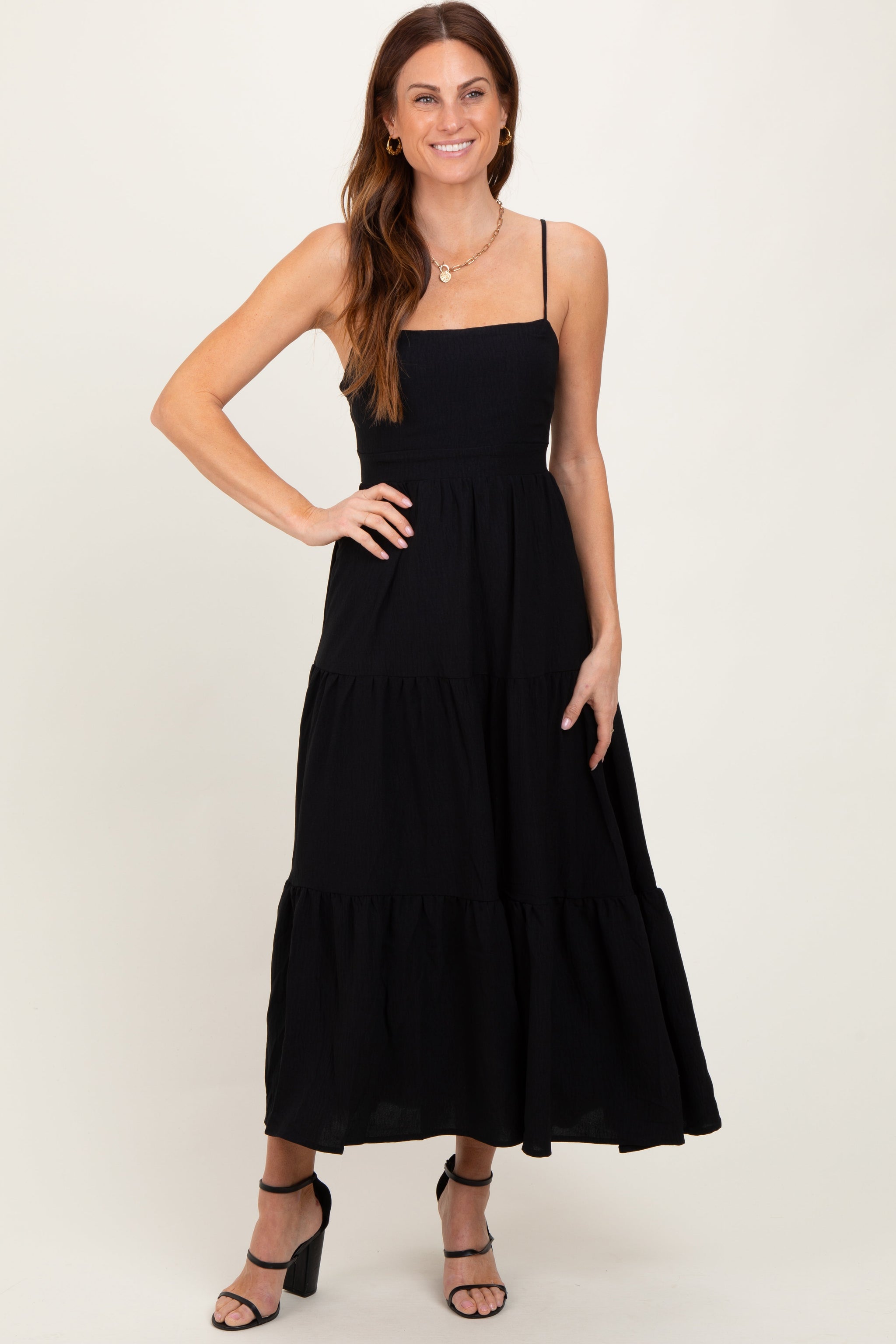 Three Little Tots Black Tiered Cutout Tie Back Maternity Midi Dress, extra product detail