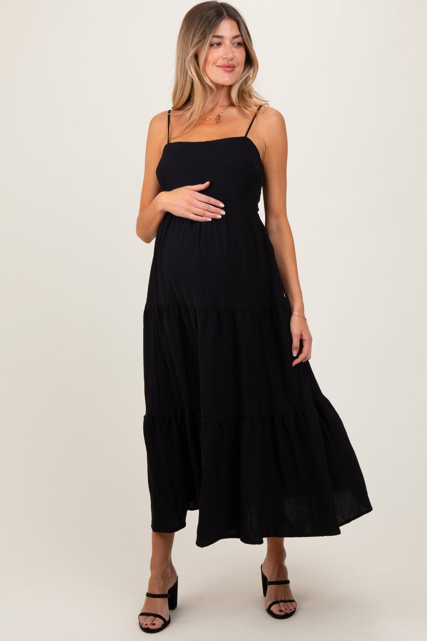 Three Little Tots Black Tiered Cutout Tie Back Maternity Midi Dress, additional product photo
