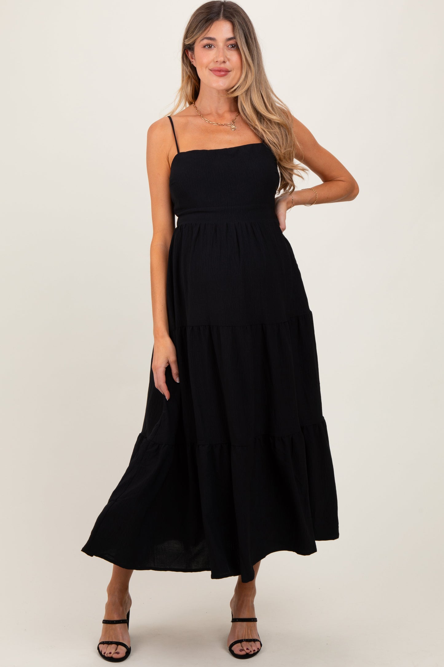 Three Little Tots Black Tiered Cutout Tie Back Maternity Midi Dress
