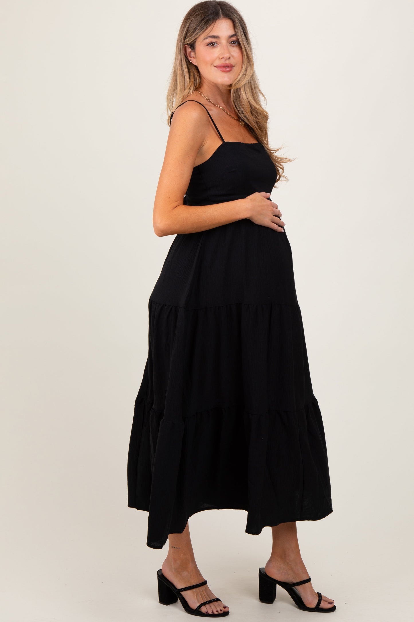 Three Little Tots Black Tiered Cutout Tie Back Maternity Midi Dress, alternate angle