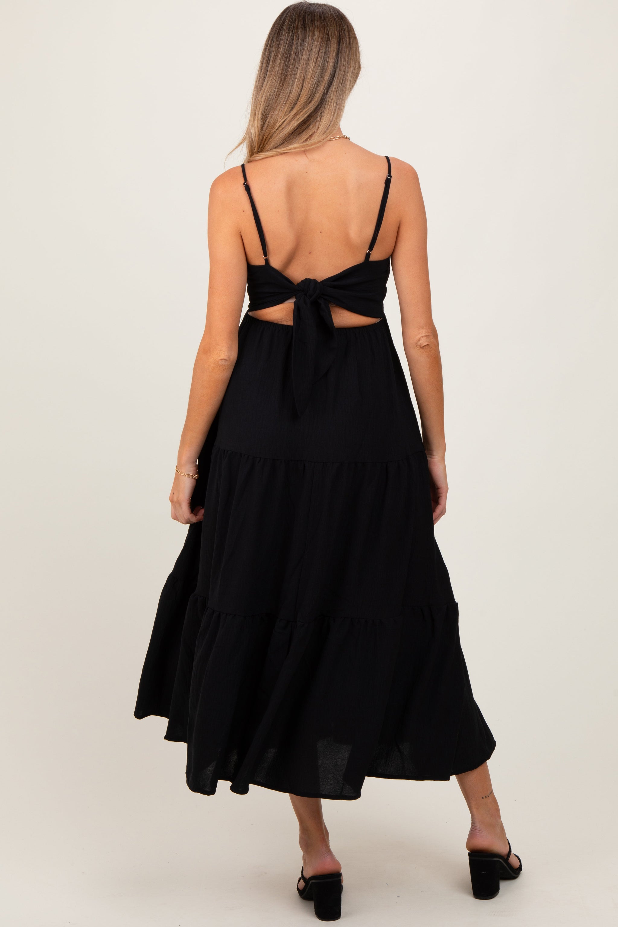 Three Little Tots Black Tiered Cutout Tie Back Maternity Midi Dress, additional view