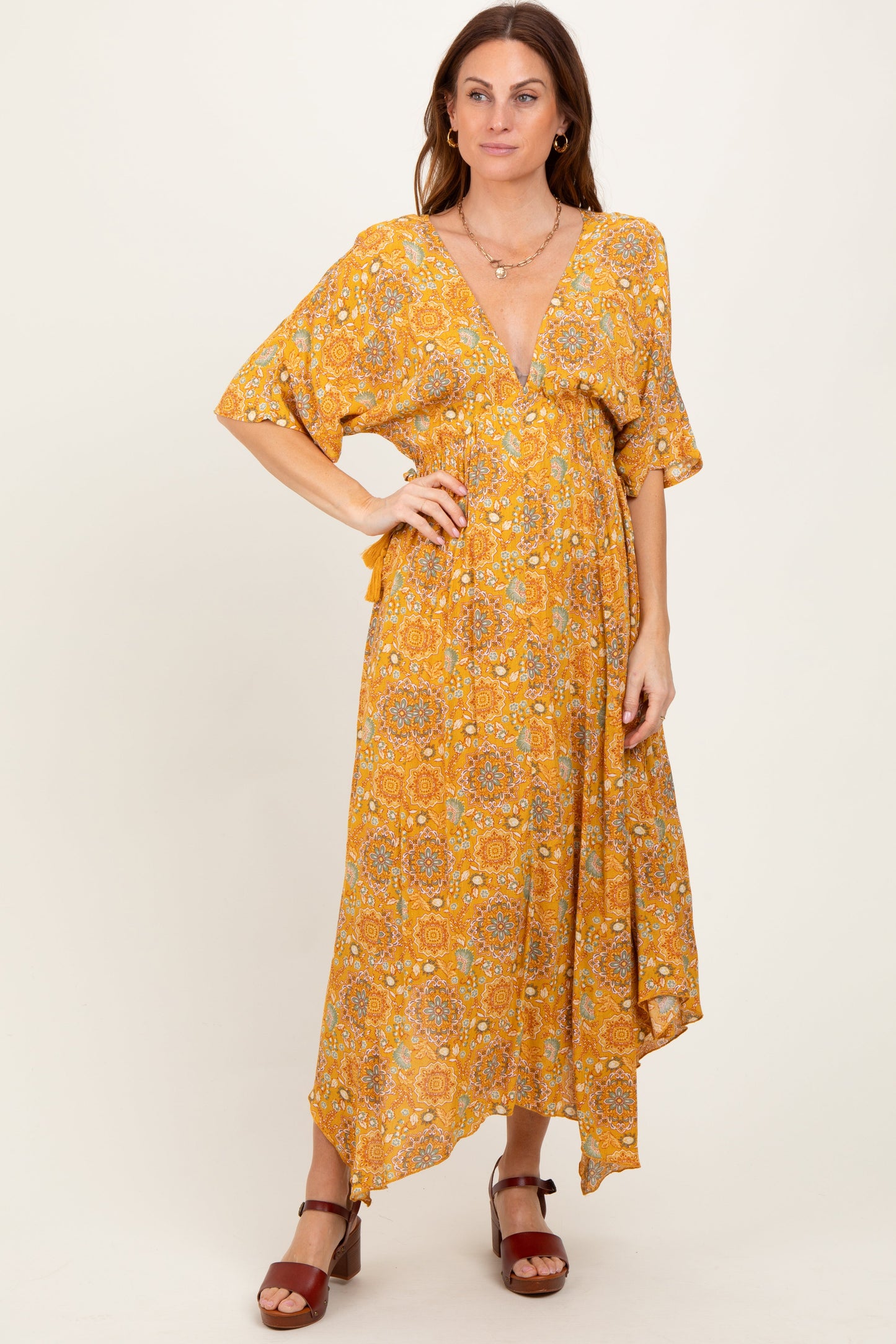 Three Little Tots Yellow Printed Deep V-Neck Handkerchief Hem Maternity Maxi Dress, extra product detail