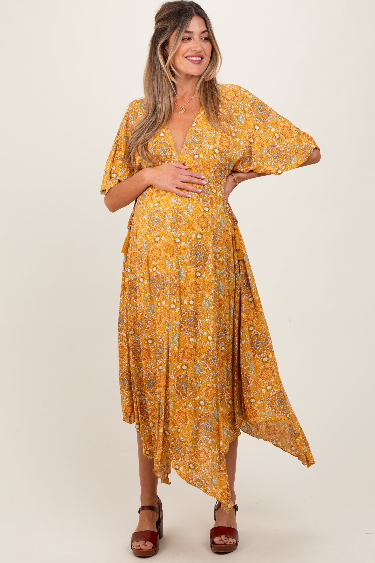 Three Little Tots Yellow Printed Deep V-Neck Handkerchief Hem Maternity Maxi Dress, additional product photo