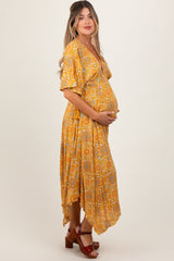 Three Little Tots Yellow Printed Deep V-Neck Handkerchief Hem Maternity Maxi Dress, alternate angle