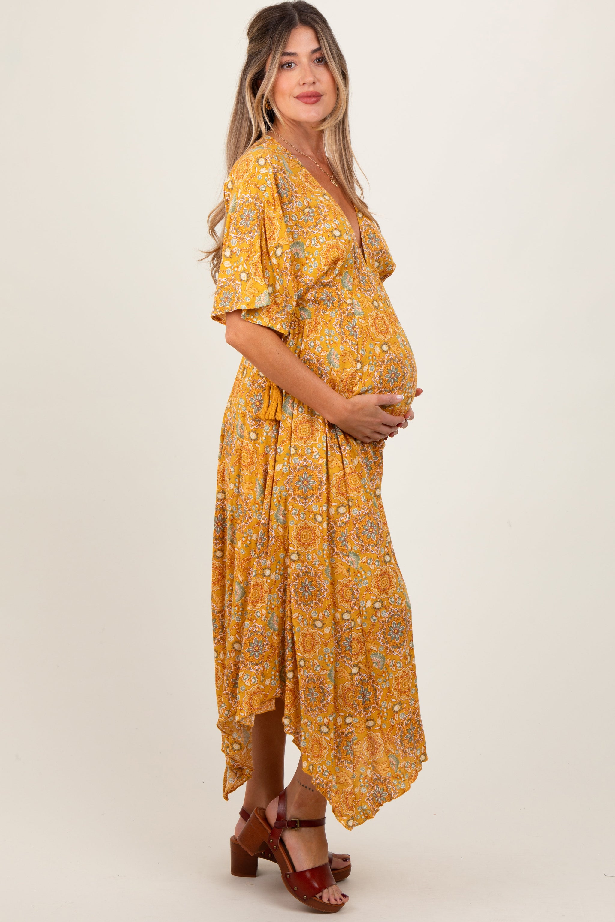 Three Little Tots Yellow Printed Deep V-Neck Handkerchief Hem Maternity Maxi Dress, alternate angle