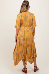 Three Little Tots Yellow Printed Deep V-Neck Handkerchief Hem Maternity Maxi Dress, additional view