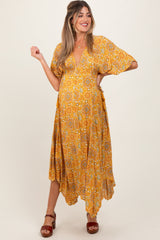 Three Little Tots Yellow Printed Deep V-Neck Handkerchief Hem Maternity Maxi Dress