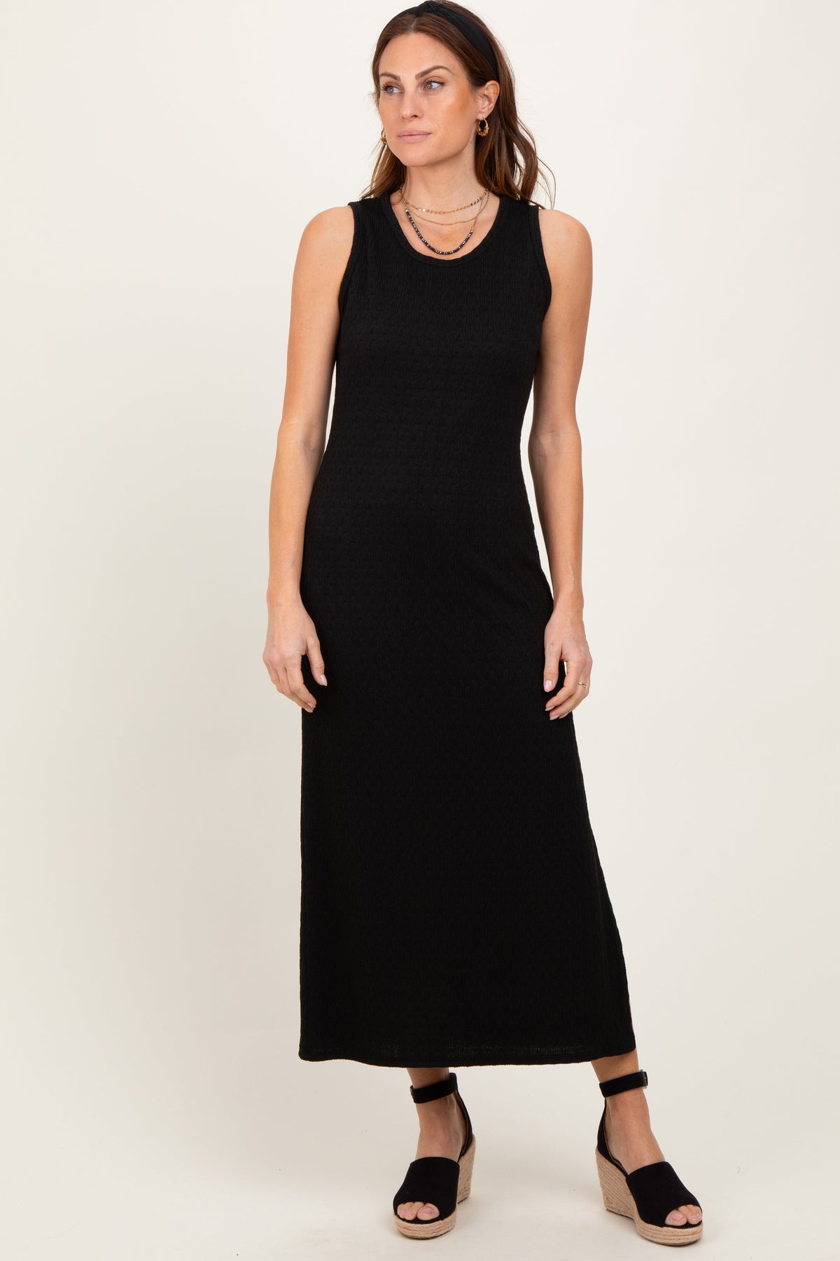 Three Little Tots Black Jacquard Sleeveless Side Slit Maternity Midi Dress, extra product detail