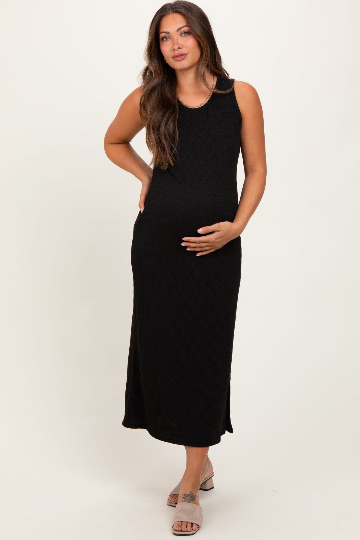Three Little Tots Black Jacquard Sleeveless Side Slit Maternity Midi Dress