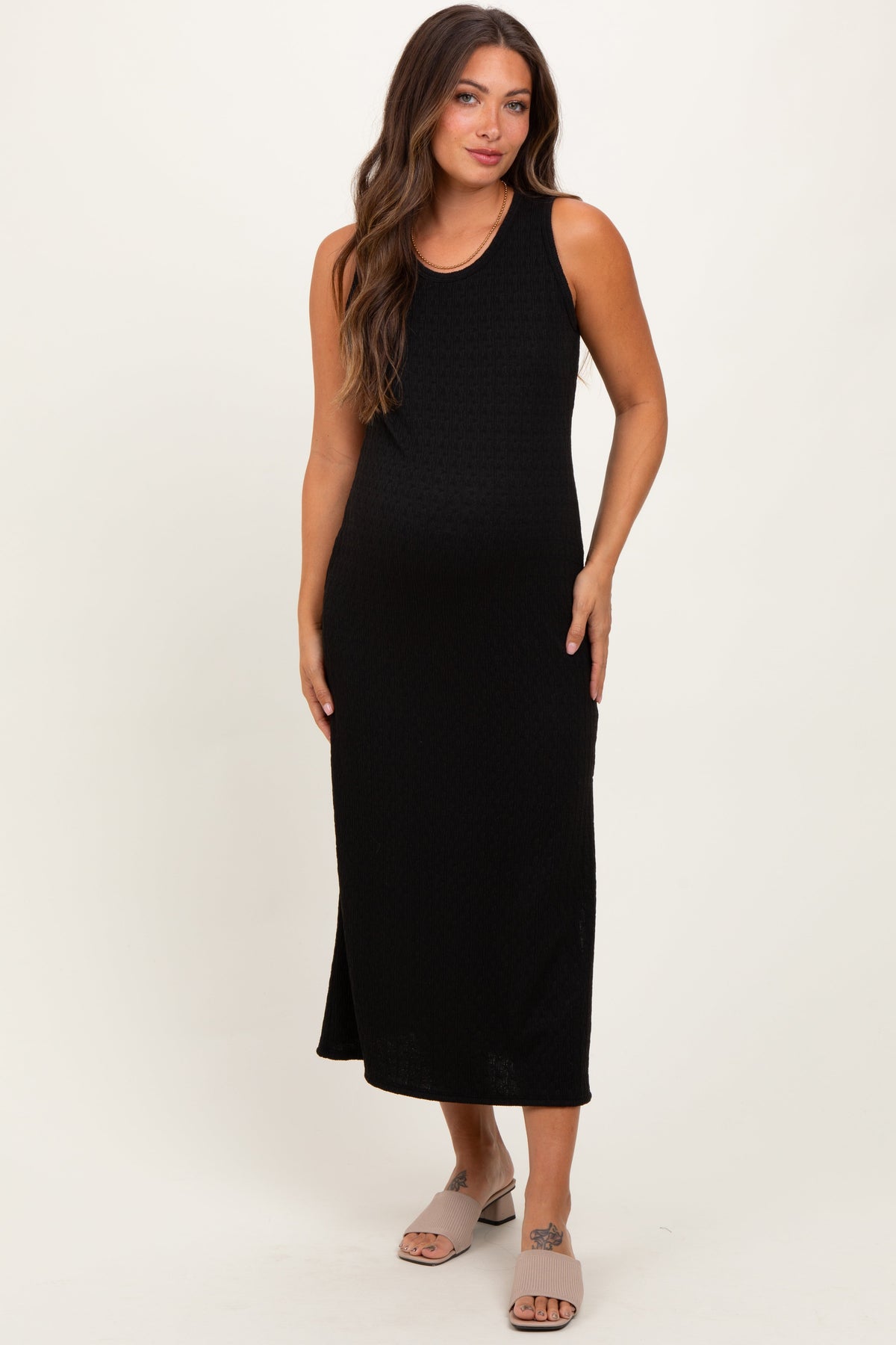 Three Little Tots Black Jacquard Sleeveless Side Slit Maternity Midi Dress, additional product photo