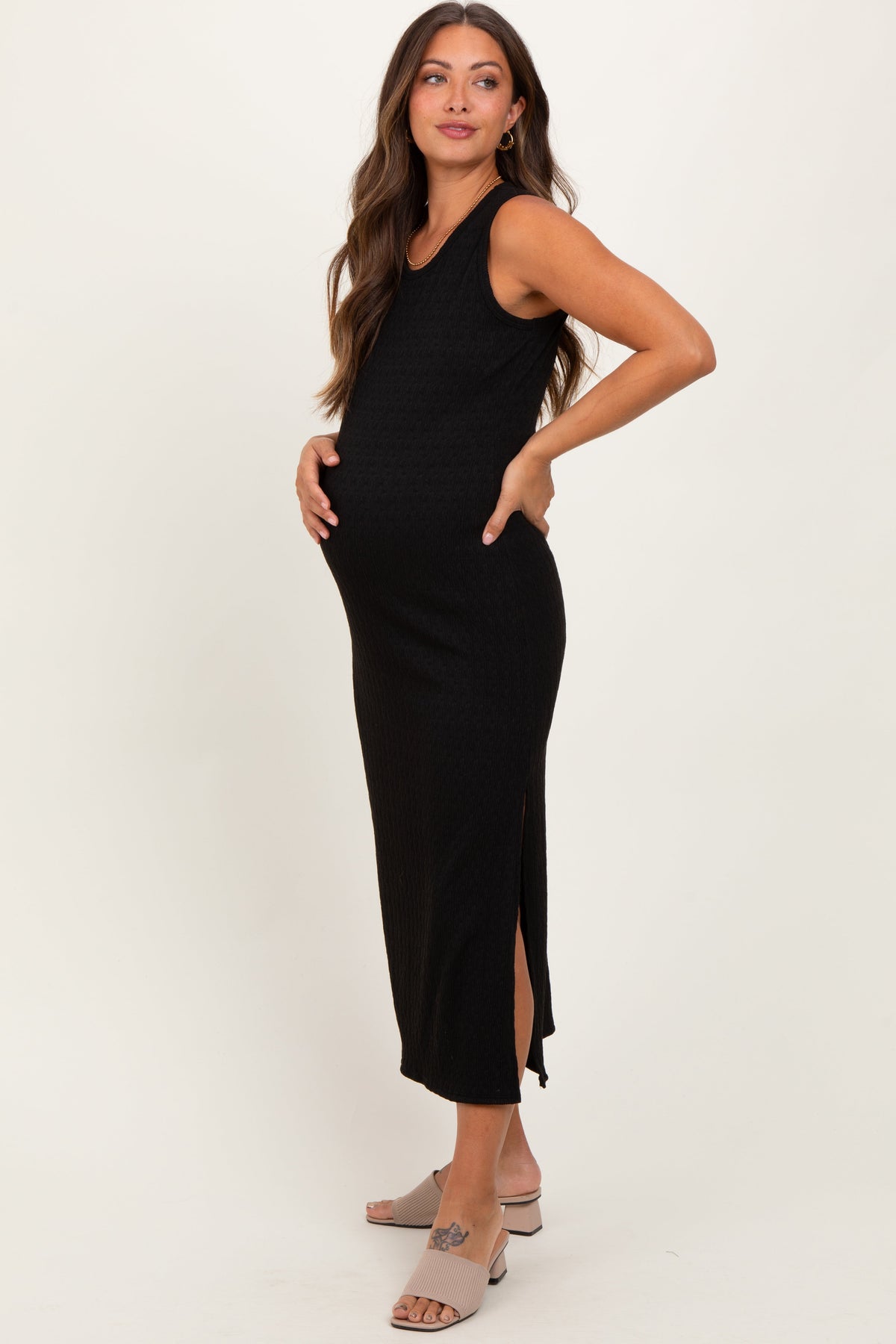 Three Little Tots Black Jacquard Sleeveless Side Slit Maternity Midi Dress, alternate angle