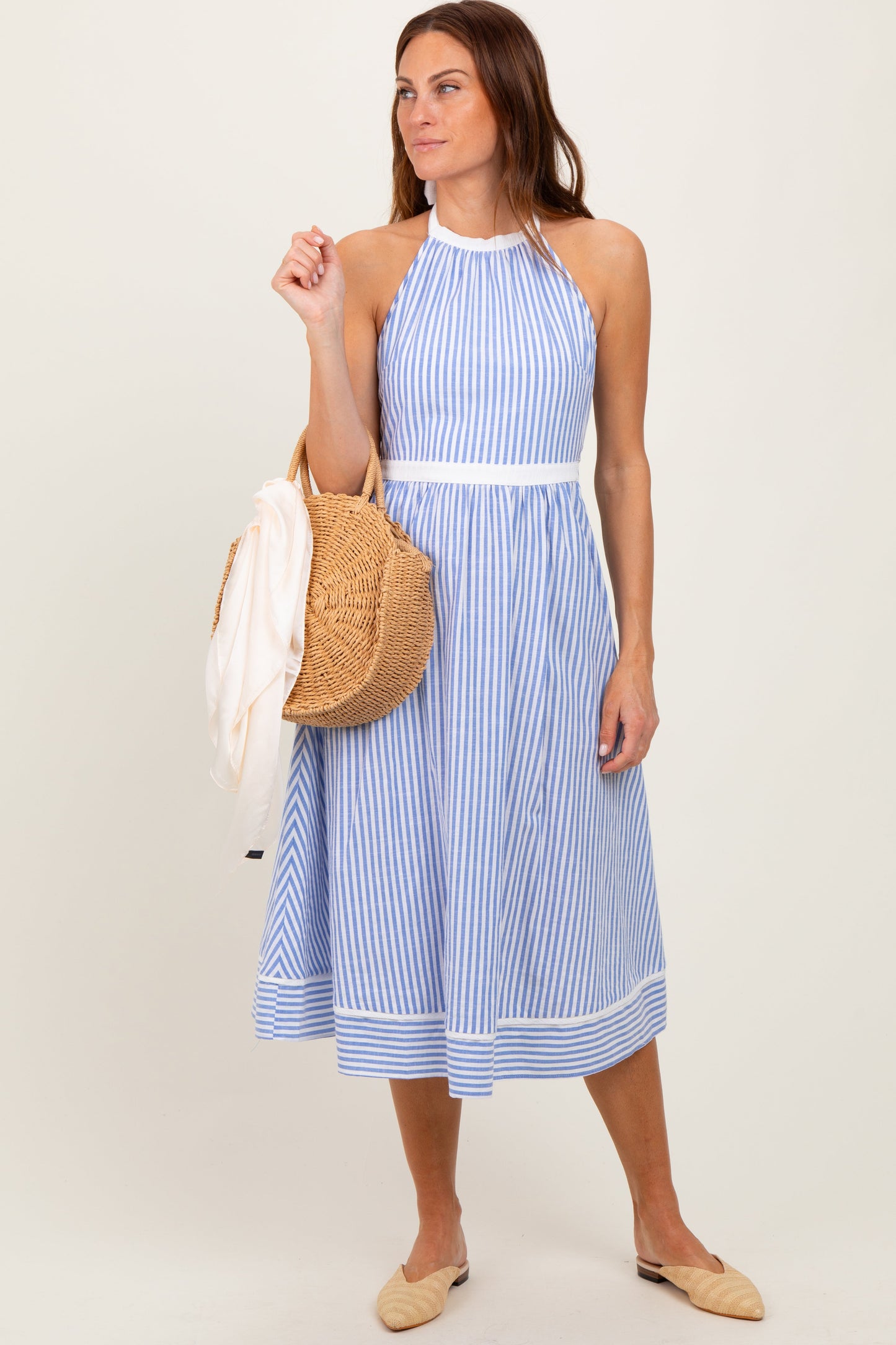Blue Striped Halter Maternity Tie Back Cutout Midi Dress