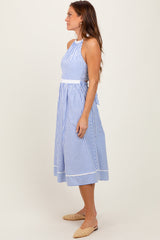 Blue Striped Halter Maternity Tie Back Cutout Midi Dress