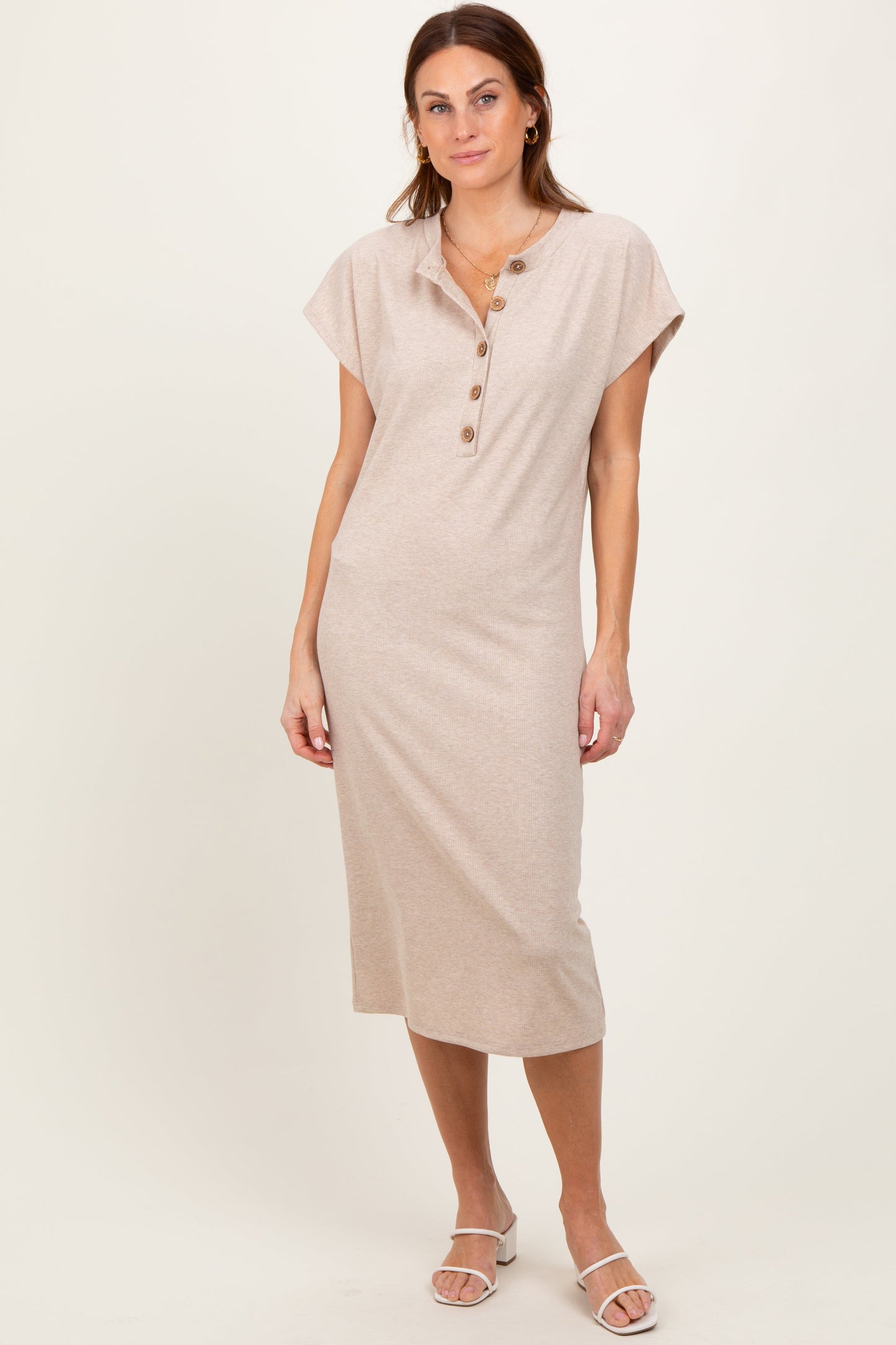 Three Little Tots Beige Solid Ribbed Short Sleeve Button Down Knit Maternity Midi Dress, additional view
