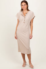 Three Little Tots Beige Solid Ribbed Short Sleeve Button Down Knit Maternity Midi Dress, additional view