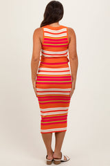 Fuchsia Multi Striped Ribbed Knit Fitted Maternity Midi Dress