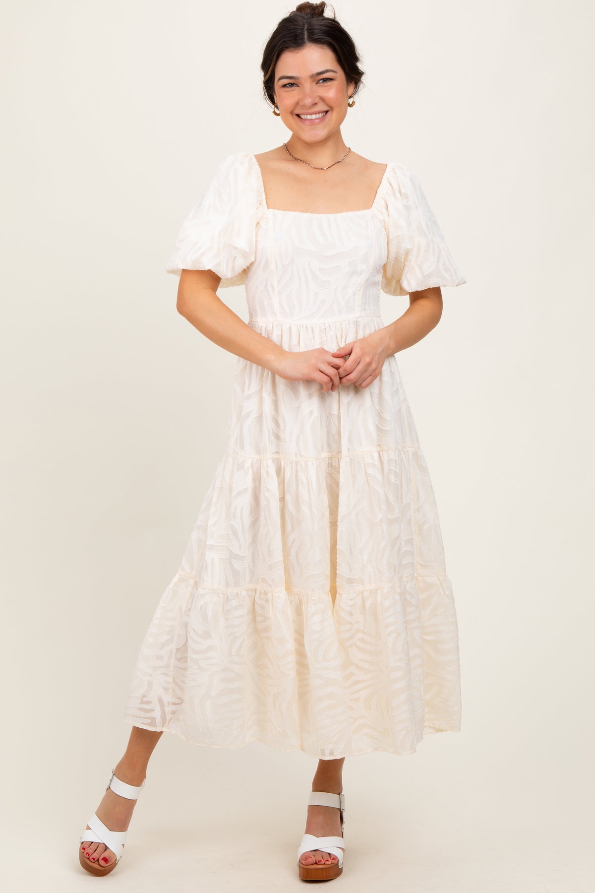 Three Little Tots Cream Jacquard Puff Sleeve Tiered Maternity Midi Dress, extra product detail