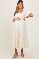 Three Little Tots Cream Jacquard Puff Sleeve Tiered Maternity Midi Dress, additional product photo