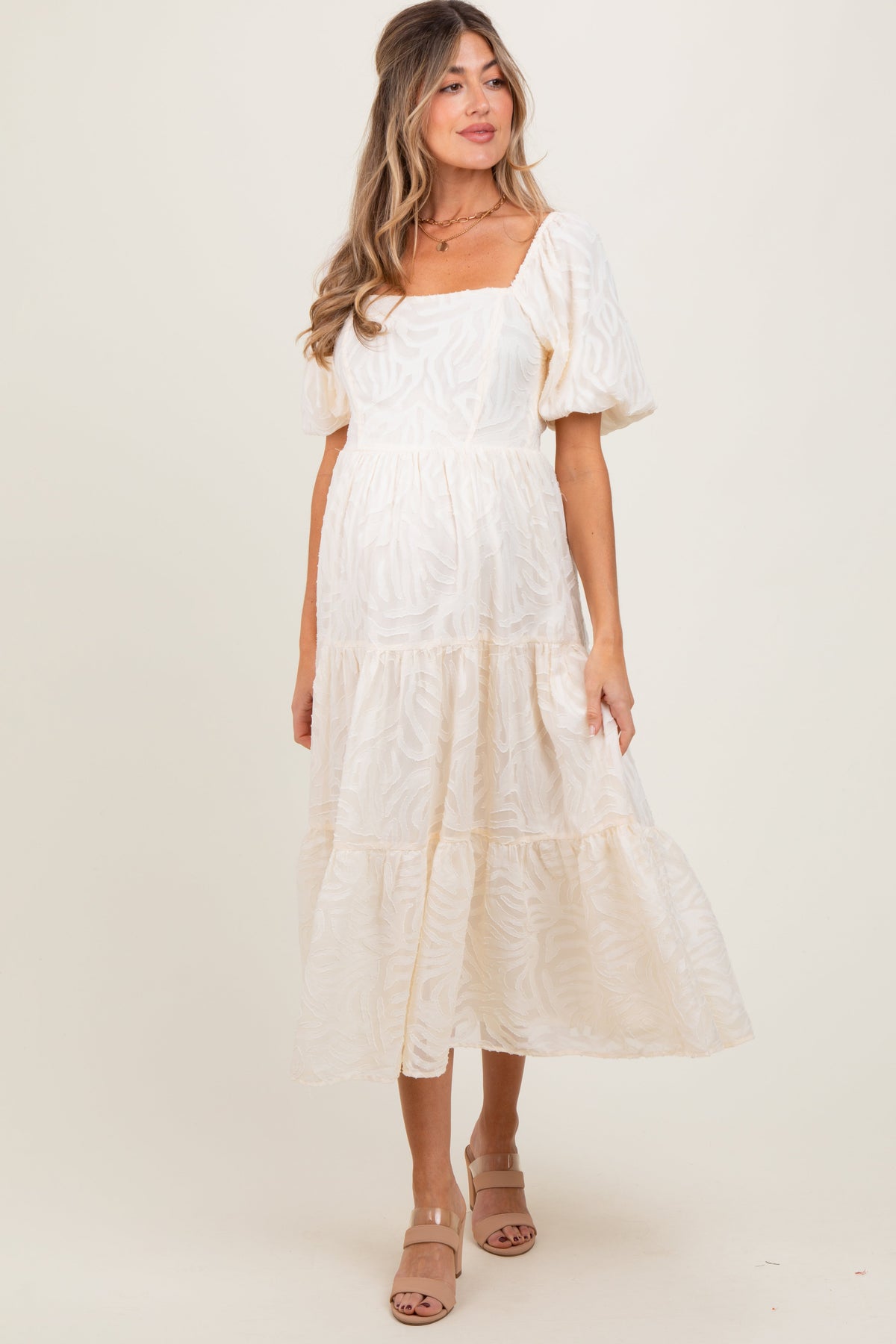 Three Little Tots Cream Jacquard Puff Sleeve Tiered Maternity Midi Dress