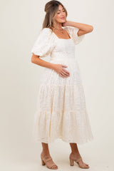 Three Little Tots Cream Jacquard Puff Sleeve Tiered Maternity Midi Dress, alternate angle