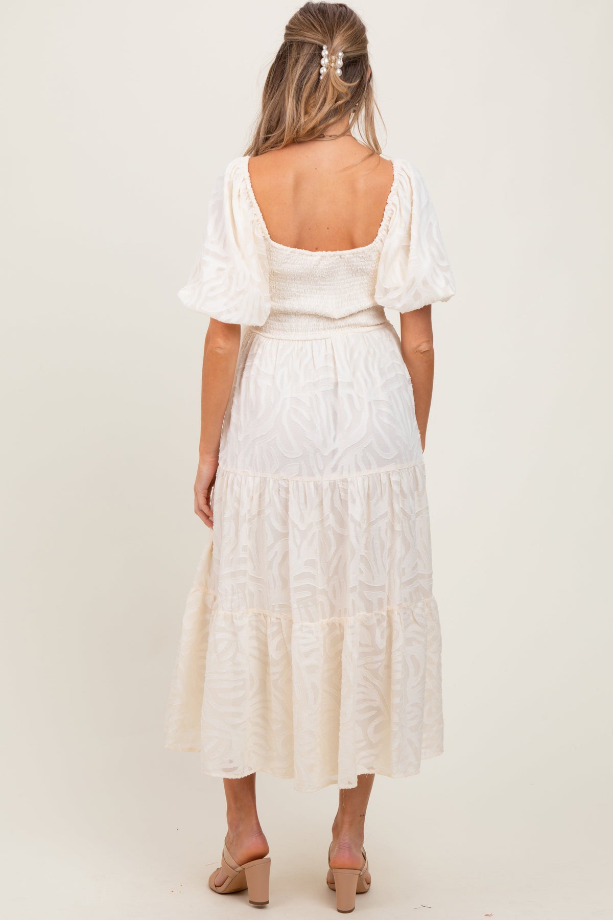 Three Little Tots Cream Jacquard Puff Sleeve Tiered Maternity Midi Dress, additional view