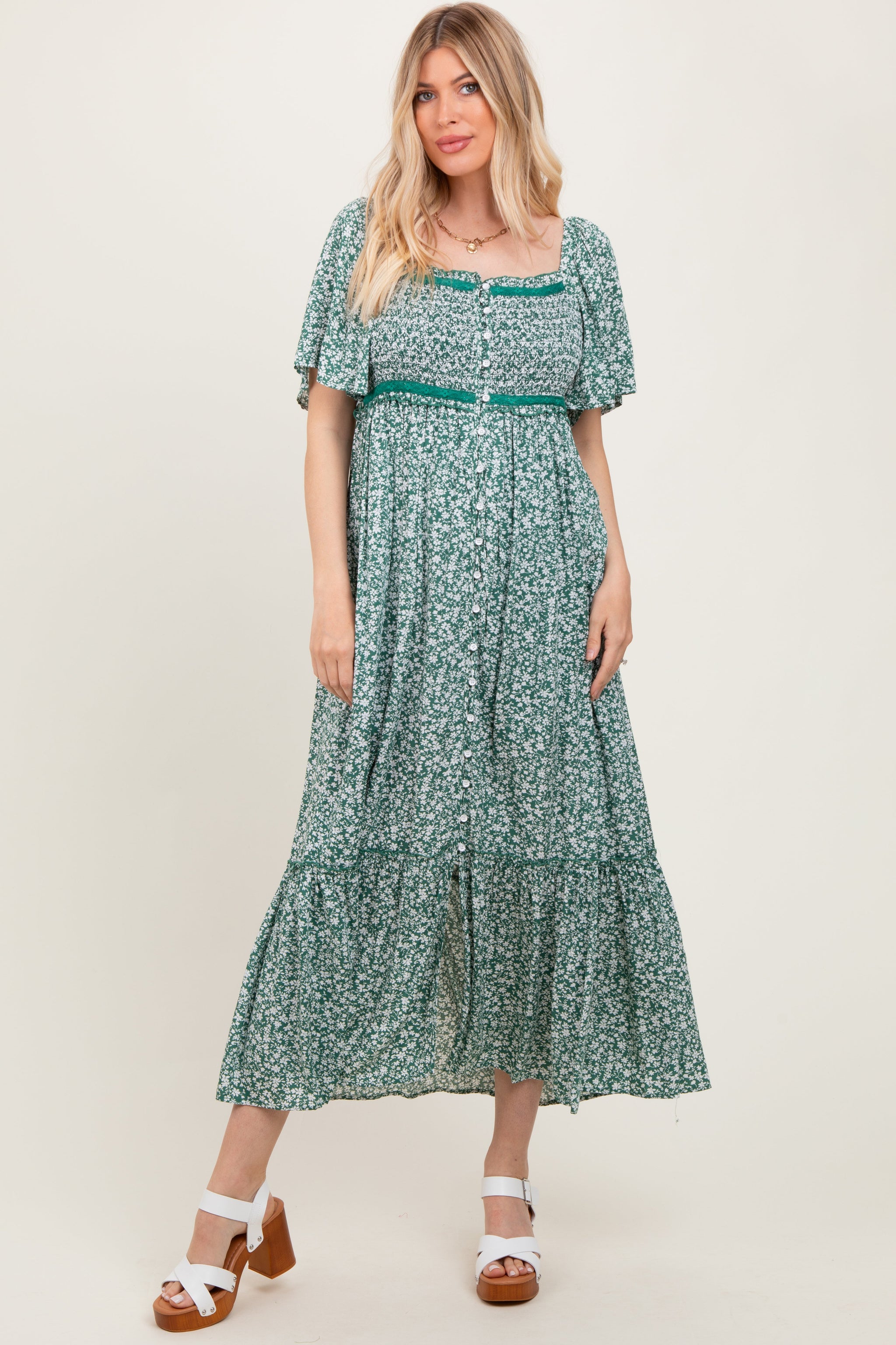 Three Little Tots Green Smocked Button Down Flutter Sleeve Maternity Maxi Dress, additional view