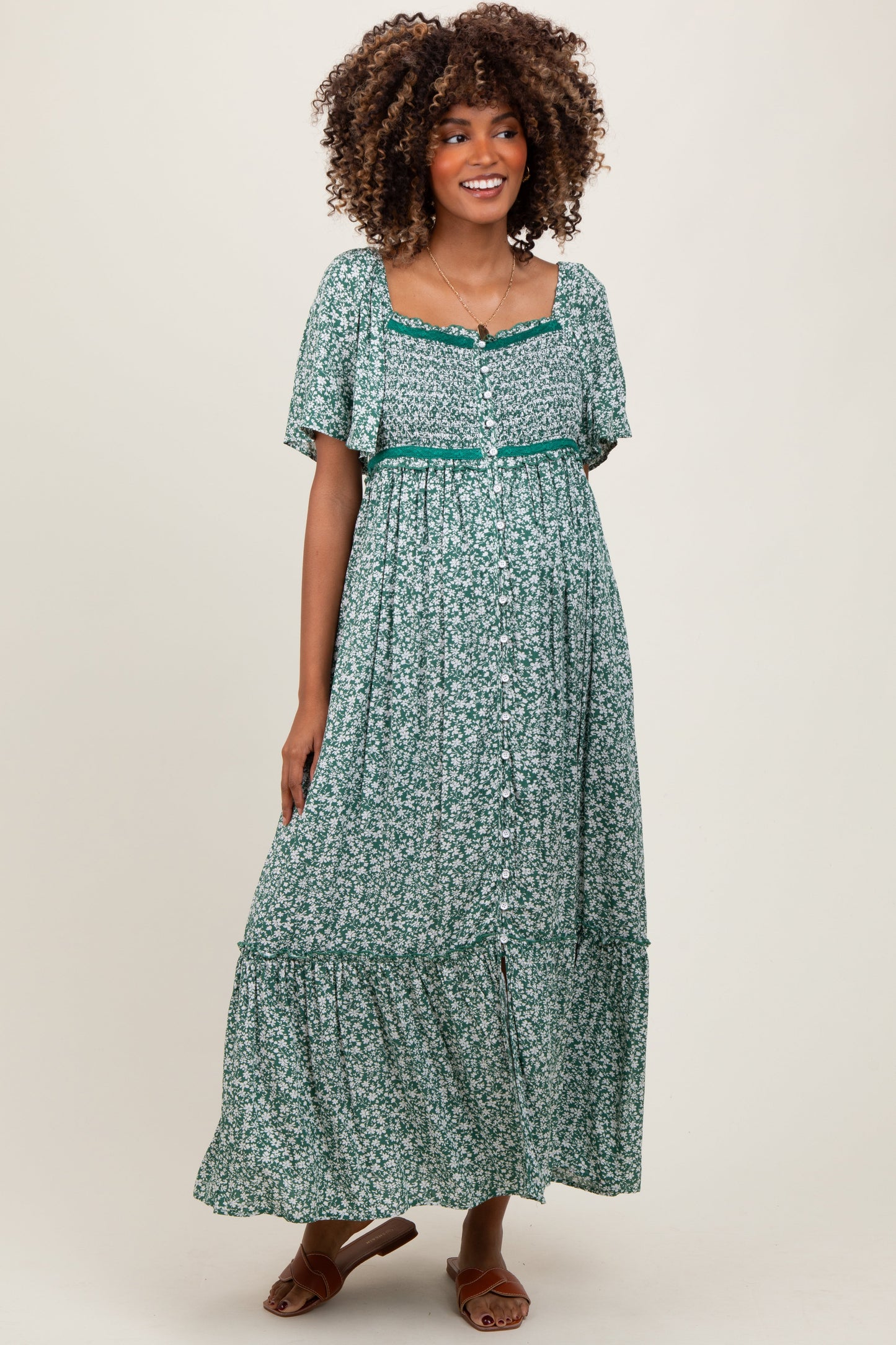 Three Little Tots Green Smocked Button Down Flutter Sleeve Maternity Maxi Dress