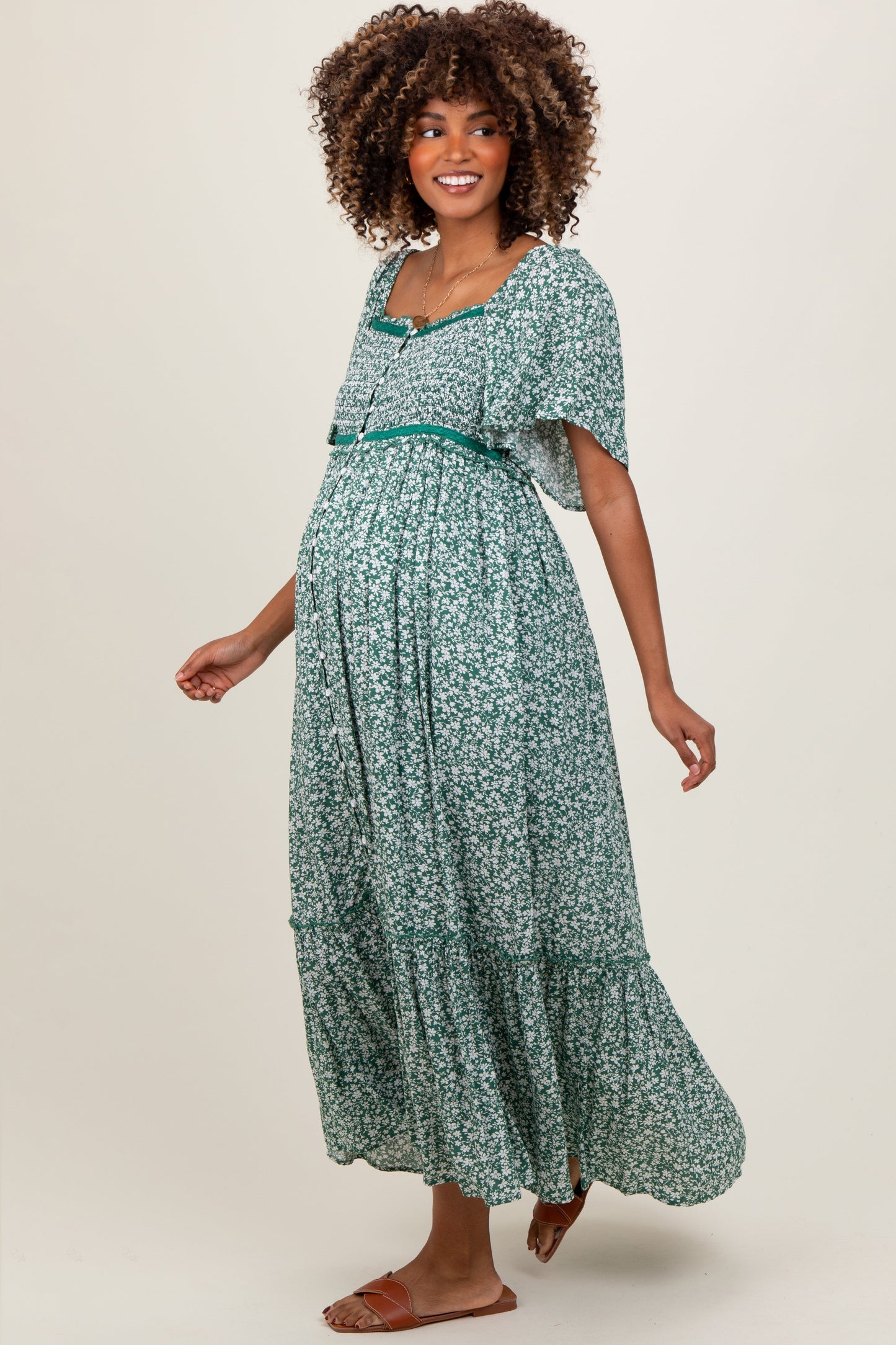 Three Little Tots Green Smocked Button Down Flutter Sleeve Maternity Maxi Dress, additional product photo