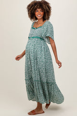 Three Little Tots Green Smocked Button Down Flutter Sleeve Maternity Maxi Dress, additional product photo