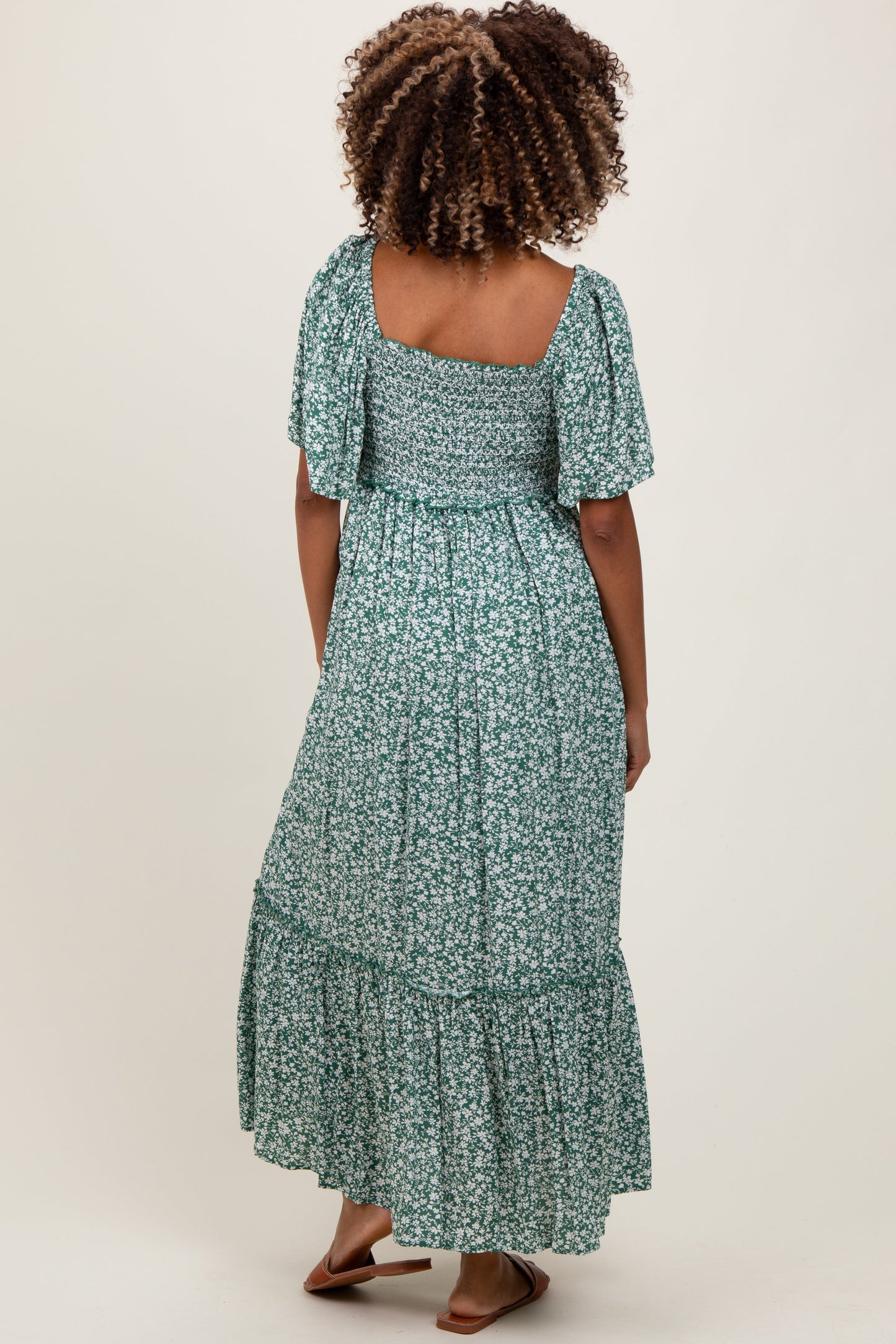 Three Little Tots Green Smocked Button Down Flutter Sleeve Maternity Maxi Dress, alternate angle