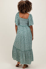 Three Little Tots Green Smocked Button Down Flutter Sleeve Maternity Maxi Dress, alternate angle