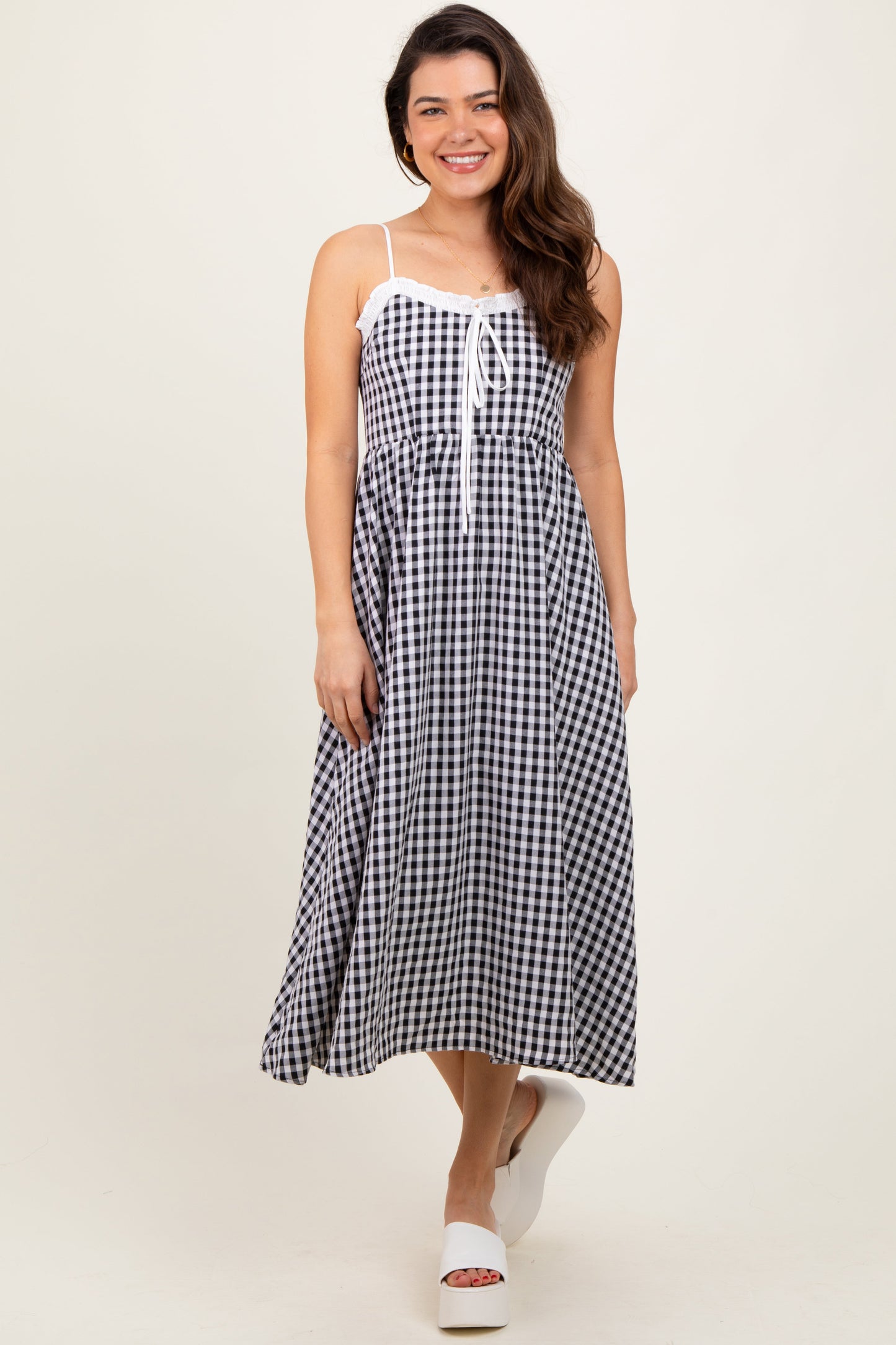 Three Little Tots Black Gingham Smocked Trim Maternity Midi Dress, extra product detail