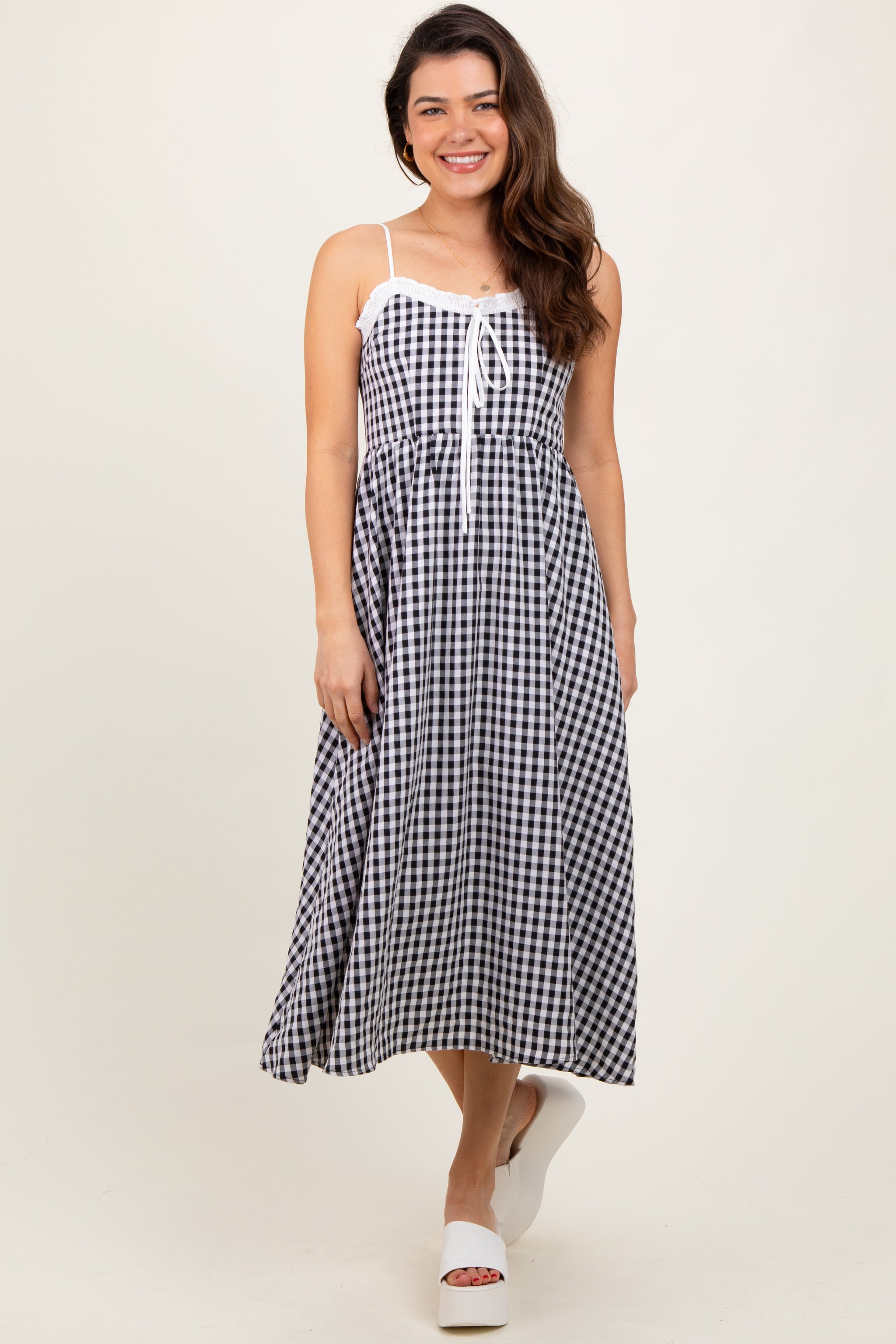 Three Little Tots Black Gingham Smocked Trim Maternity Midi Dress, extra product detail