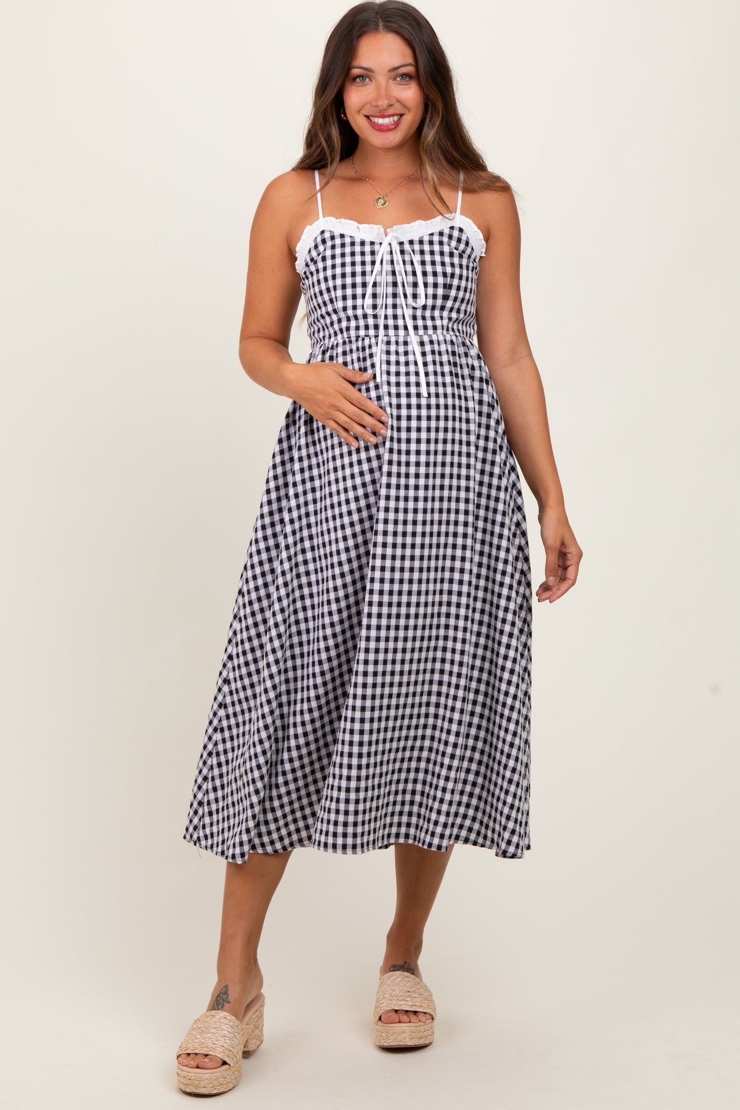 Three Little Tots Black Gingham Smocked Trim Maternity Midi Dress