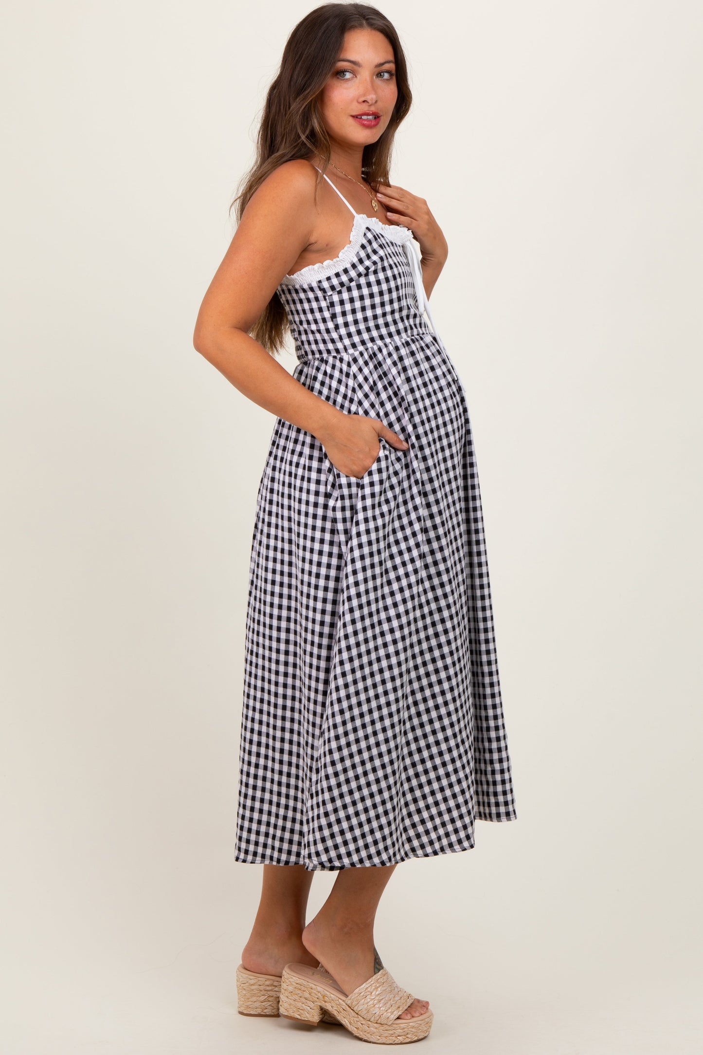 Three Little Tots Black Gingham Smocked Trim Maternity Midi Dress, additional product photo