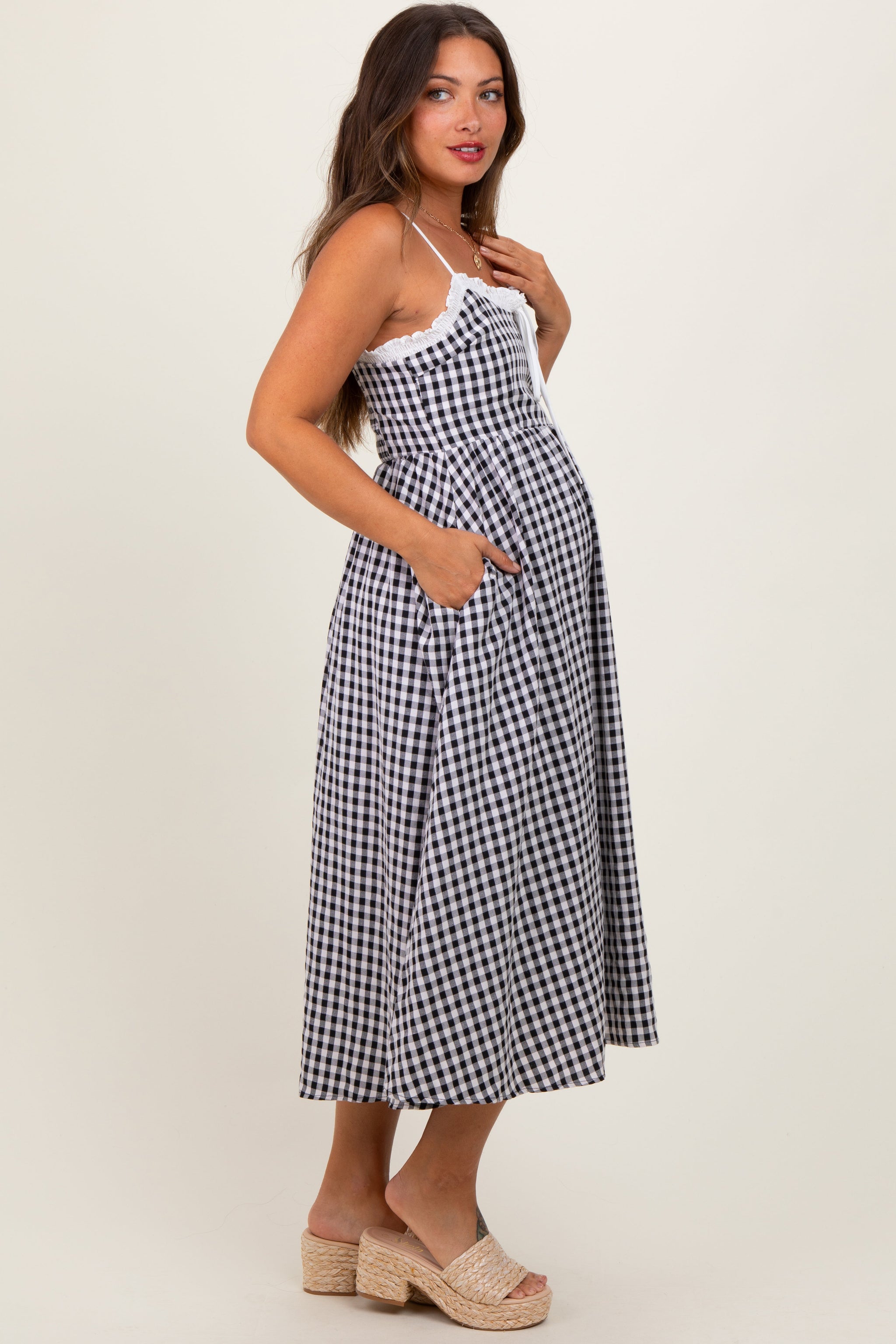 Three Little Tots Black Gingham Smocked Trim Maternity Midi Dress, additional product photo