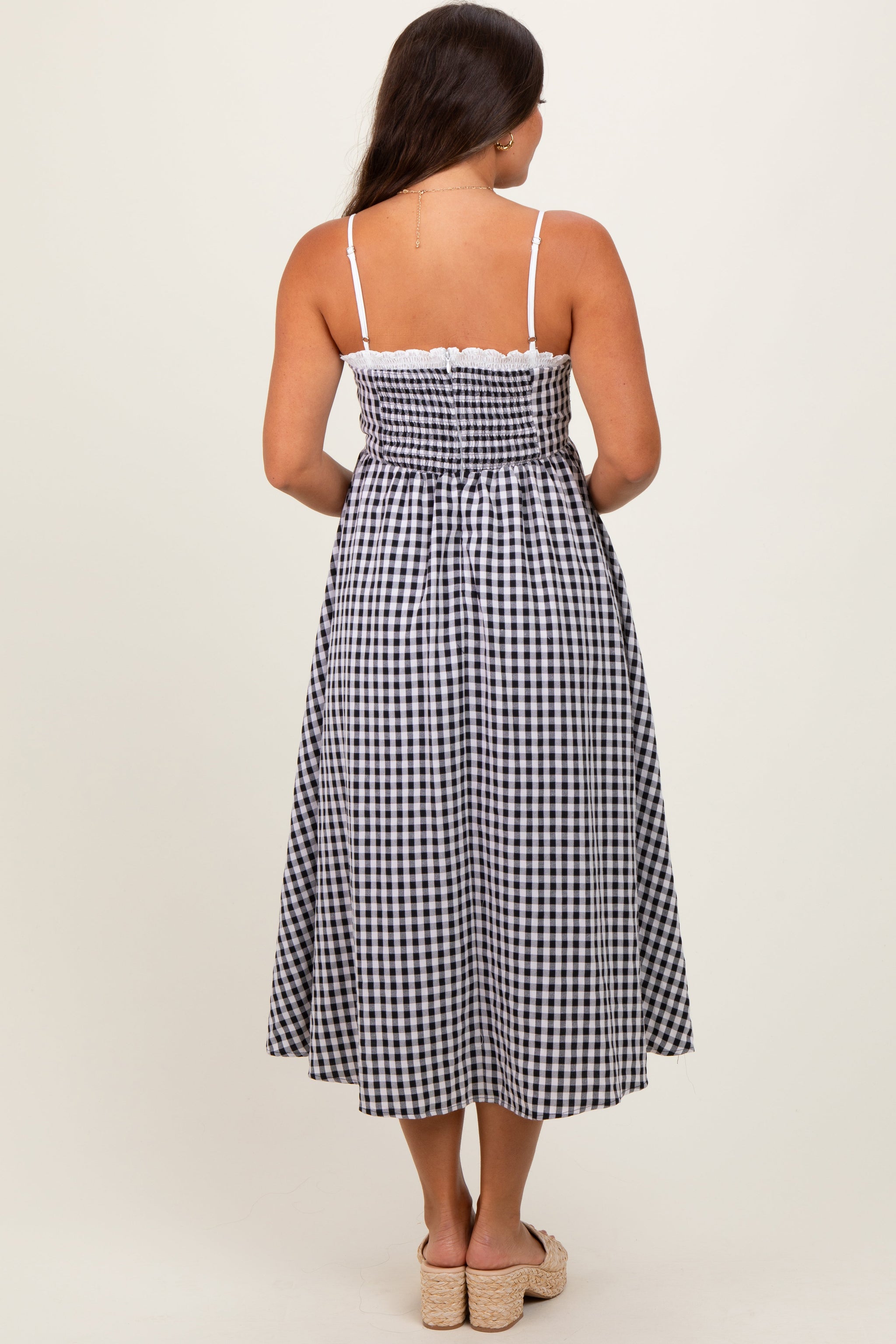 Three Little Tots Black Gingham Smocked Trim Maternity Midi Dress, alternate angle