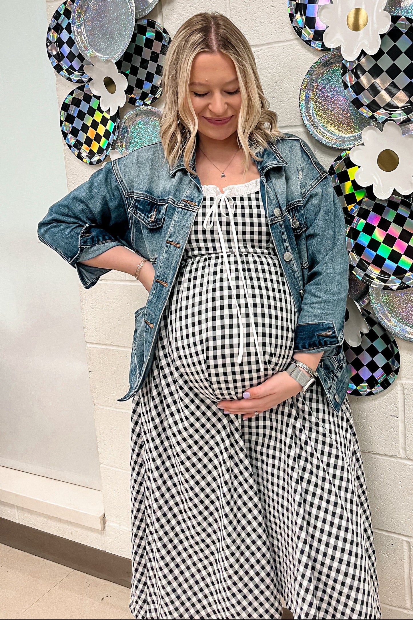 Three Little Tots Black Gingham Smocked Trim Maternity Midi Dress, additional view