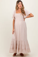 Three Little Tots Cream Smocked Cotton Flutter Sleeve Maternity Maxi Dress