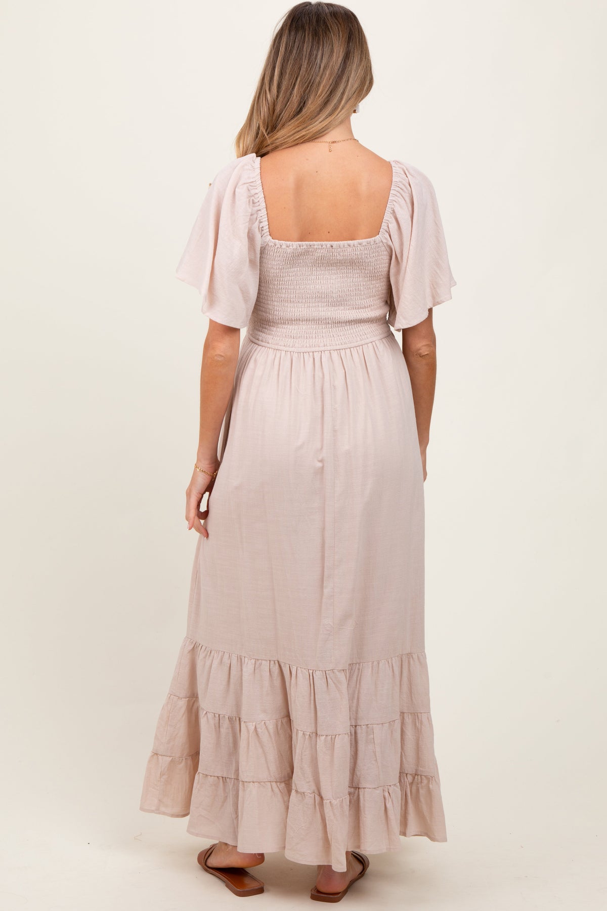 Three Little Tots Cream Smocked Cotton Flutter Sleeve Maternity Maxi Dress, alternate angle