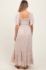 Three Little Tots Cream Smocked Cotton Flutter Sleeve Maternity Maxi Dress, alternate angle