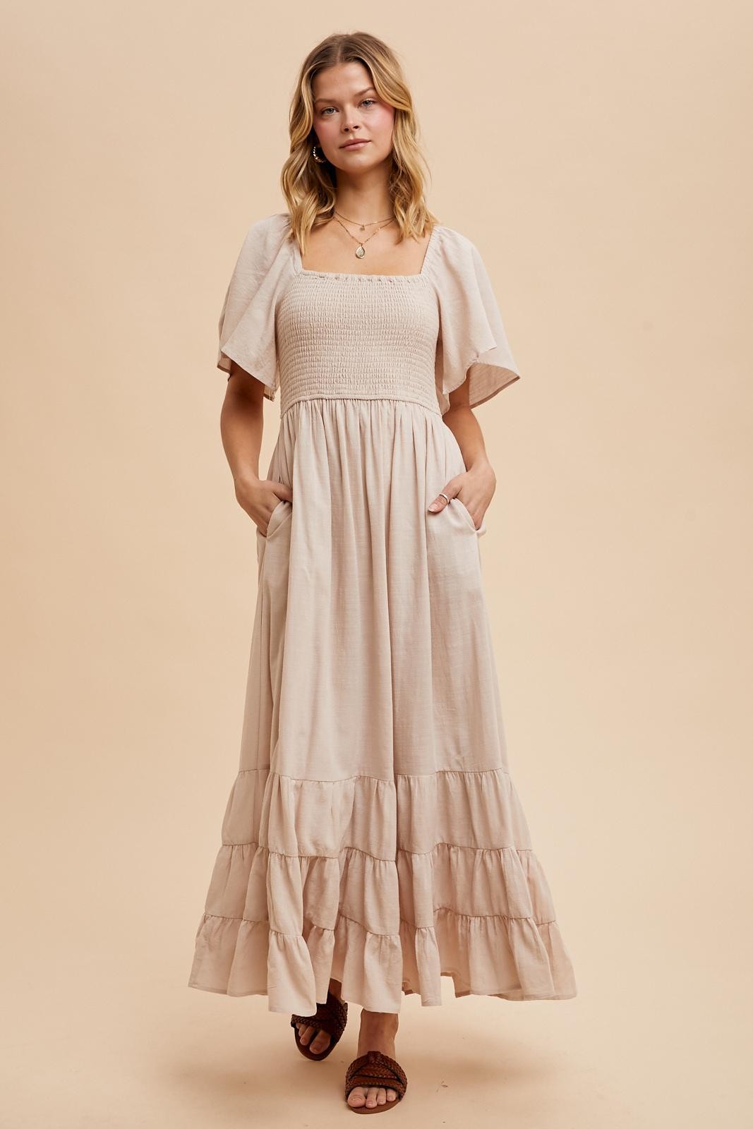 Three Little Tots Cream Smocked Cotton Flutter Sleeve Maternity Maxi Dress, additional view