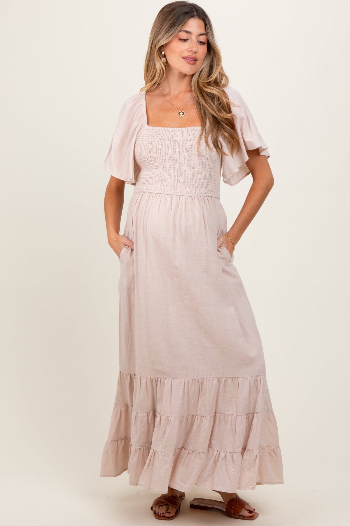 Three Little Tots Cream Smocked Cotton Flutter Sleeve Maternity Maxi Dress, additional product photo
