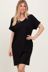 Three Little Tots Black Brushed Rolled Short Sleeve V-Neck Maternity Dress, alternate angle